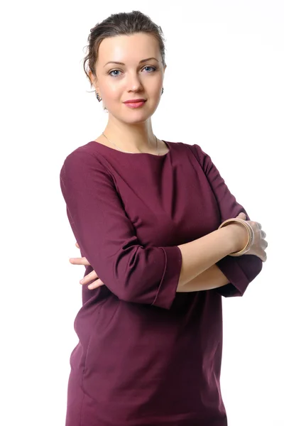 Girl in a burgundy dress that crossed her arms — Stock Photo, Image