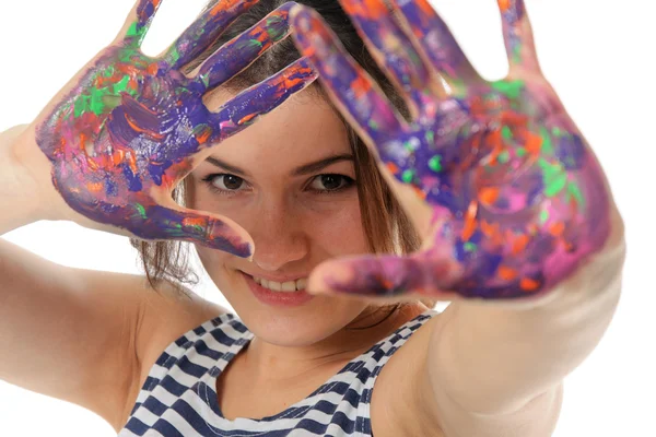 Žena, její ruce maloval barevné malování — Stock fotografie