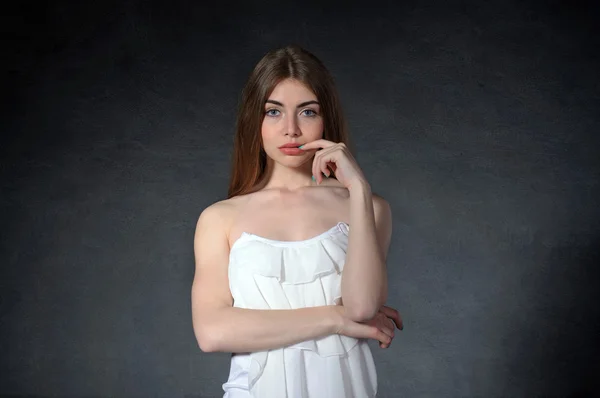 Thoughtful, sad, thinking concept. Woman crossed her arms — Stock Photo, Image