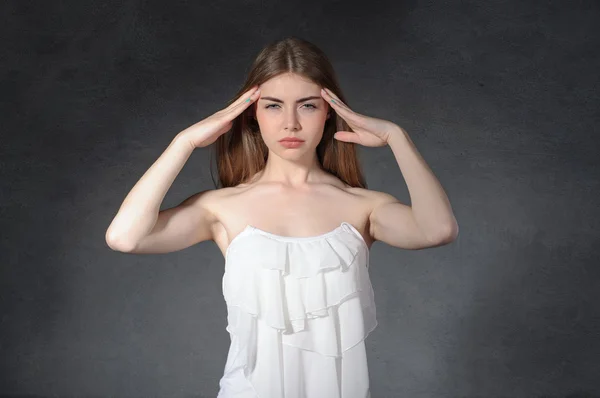 Pain, sadness, discomfort concept. Woman put her hands to her te — Stock Photo, Image