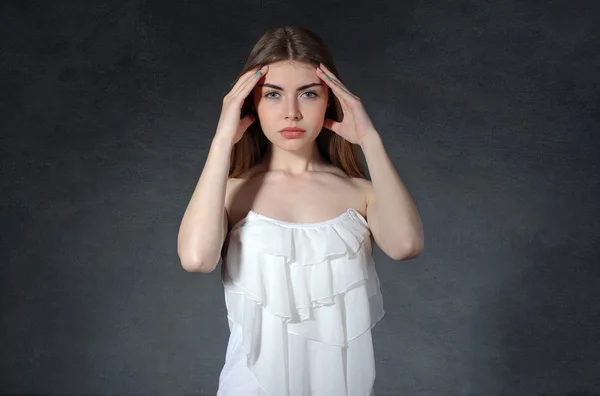 Pain, illness, discomfort concept. Woman put her hands to her te — Stock Photo, Image