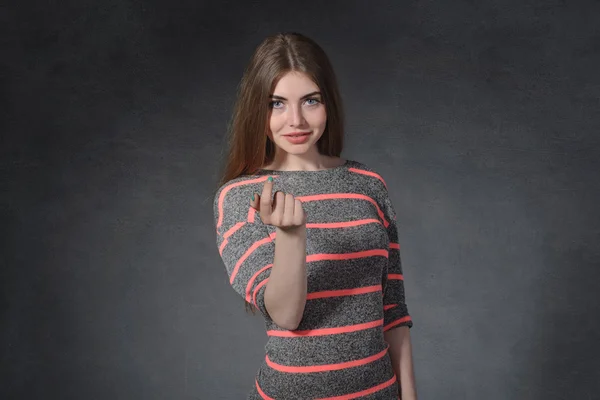 Openness, friendship concept. Woman attracts finger a — Stock Photo, Image