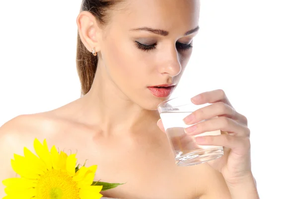 Woman with sunflowers that drinking water — Stock Photo, Image