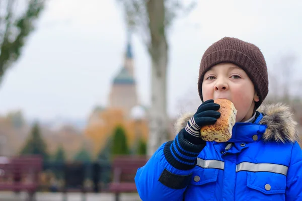 Niño en chaqueta azul come pastel con semillas de amapola — Foto de Stock