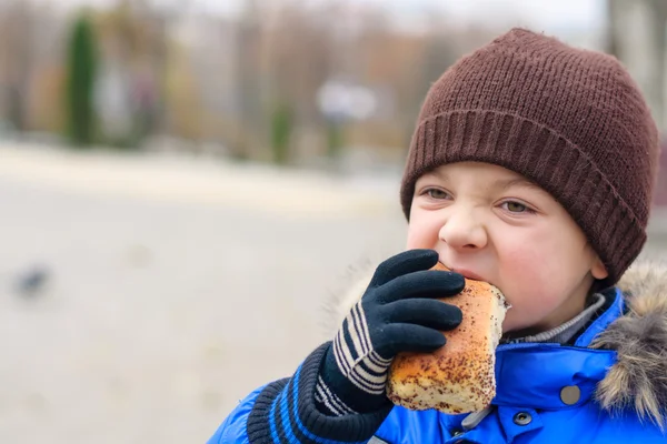 Niño en una chaqueta azul come pastel con semillas de amapola — Foto de Stock