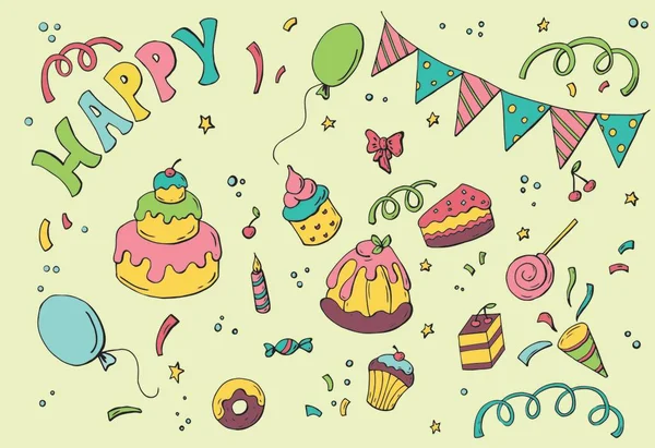Party-Set mit bunten Süßigkeiten und Kuchen — Stockvektor