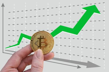 Bitcoin 'i gelişmekte olan grafiğin arka planında yukarı doğru giden yeşil bir okla tutuyor. Döviz kuru büyümesi. Grafiğin arka planında yeşil ok ve altın bitcoin. Kripto para biriminde karlı yatırım