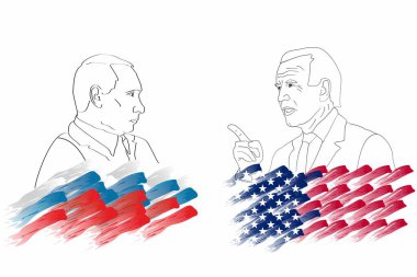 Rusya Devlet Başkanı Putin ve ABD Başkanı Joe Biden. Devlet bayraklarının arka planına karşı grafiksel doğrusal portreler. İki eyaletin başkanları toplantısı. Rusya ve ABD. Novosibirsk, Rusya - 14 Haziran 2021