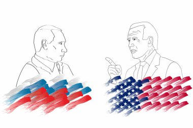 Russian President Putin and US President Joe Biden. Graphic linear portraits against background of state flags. Meeting of heads of two states. Russia and USA. Novosibirsk, Russia - June 14, 2021 clipart