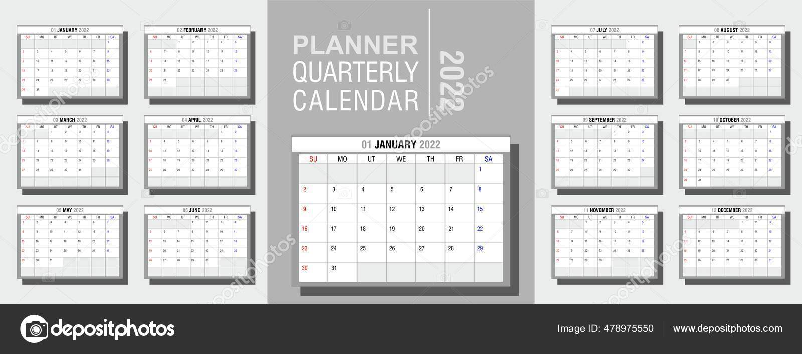 季度日历月历模板2022年英文版本这个星期从星期天开始每个月的日历网格带有备注空间的企业标识日历模板图库矢量图©nina_veter 478975550