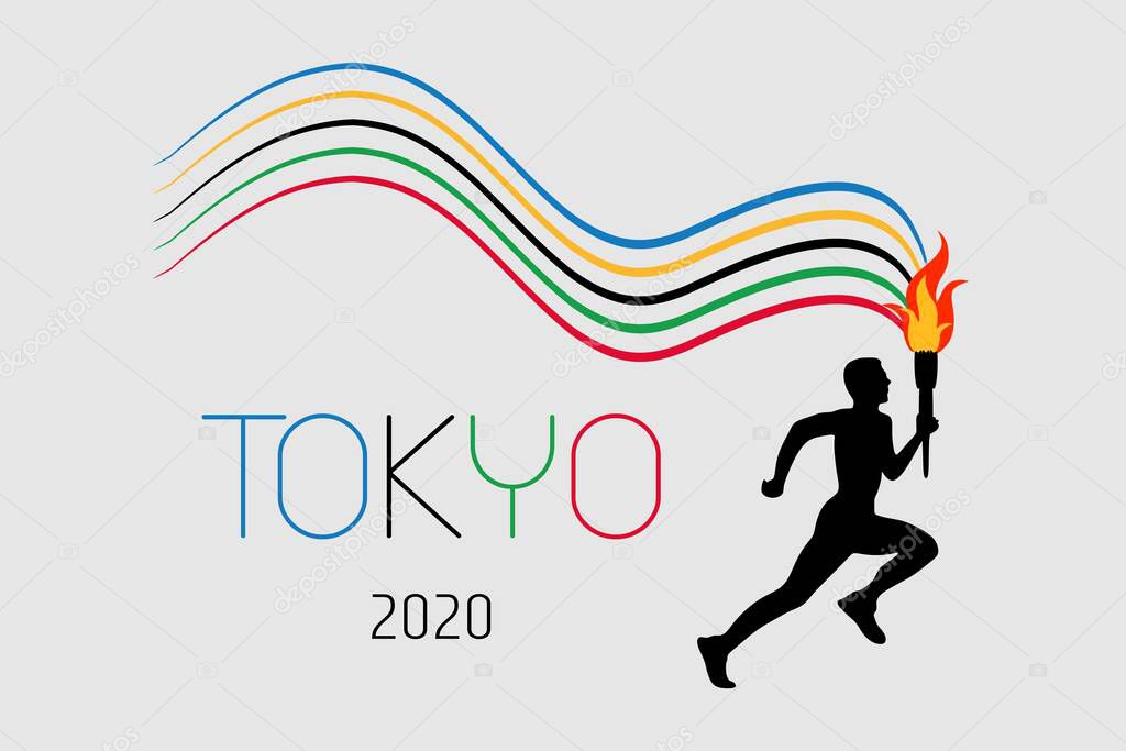 Vector illustration of 2021 Summer Olympics in Tokyo. A running athlete holds Olympic flame in his hand. Stripes and inscription 