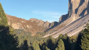 Alpe di Funes, Dolomitler, İtalya 'nın engebeli zirvelerine akşam ışığı. Günbatımı gökyüzünün altında yeşil alp ağaçlarının üzerinde parlayan görkemli kayalık kayalıklar..