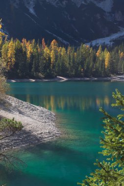 Braies Gölü, Dolomitler, İtalya - kristal berrak turkuaz su, sonbahar renkli ağaçlar ve dramatik dağ manzarası ile çevrili.