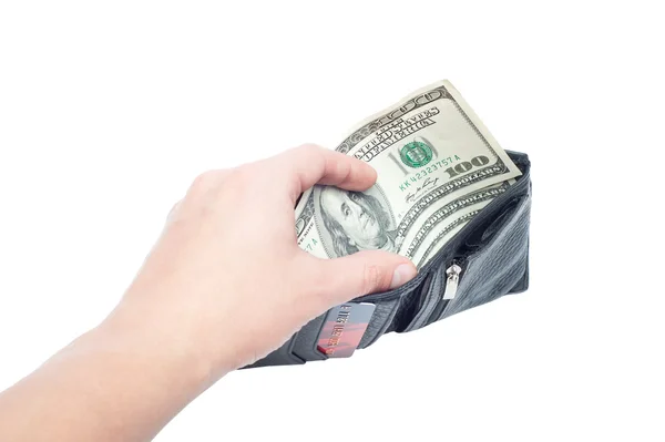 Ręka trzyma pieniądze z portfela czarny — Zdjęcie stockowe