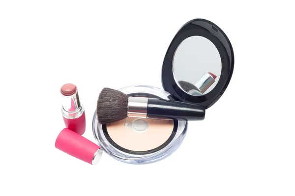 Brushes, pink lipstick and powder with mirror isolated on white — Stock Photo, Image