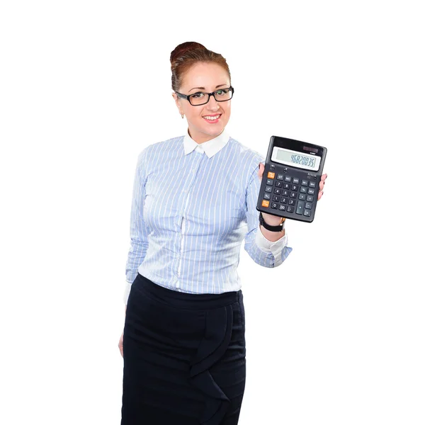 Kobieta księgowy Pokaż kalkulator. Młody biznes elegancki kobieta i — Zdjęcie stockowe