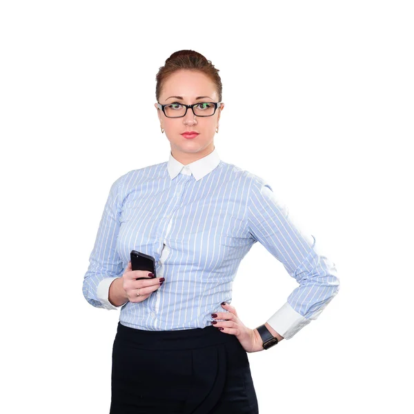 Bizneswoman z telefonu w ręku. Młody biznes stylowe — Zdjęcie stockowe
