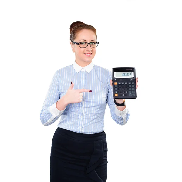 Vrouw accountant Toon rekenmachine. Jonge stijlvolle zakenvrouw ik — Stockfoto