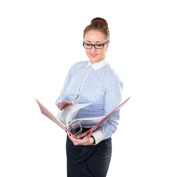 Mujer de negocios sosteniendo la carpeta con documentos en la mano. Estilos jóvenes — Foto de Stock