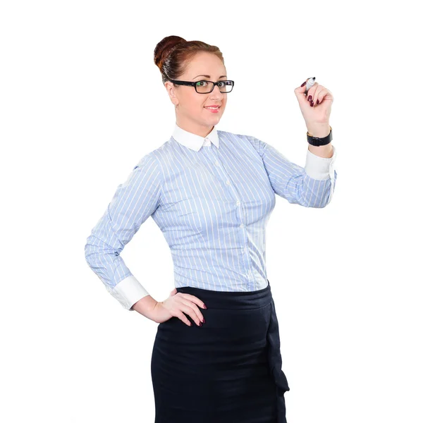 Young beautiful businesswoman with pen writing whiteboard. Cauca — Stock Photo, Image