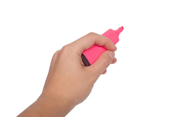 Hand is klaar voor tekening met roze marker. Geïsoleerd op wit. — Stockfoto