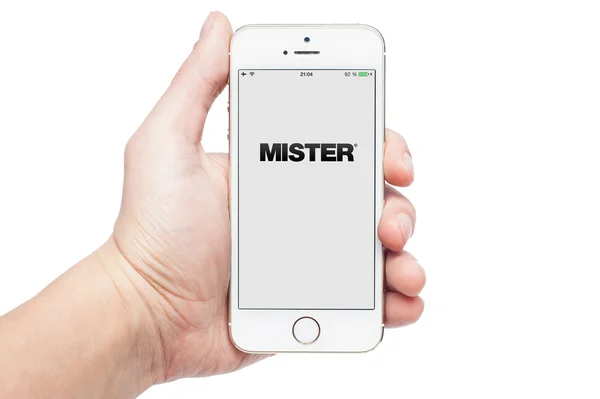 Photo of a hand using Mister app on iphone 5S — Stock Photo, Image