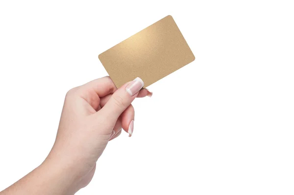 Vrouw met gouden creditcard in de hand — Stockfoto