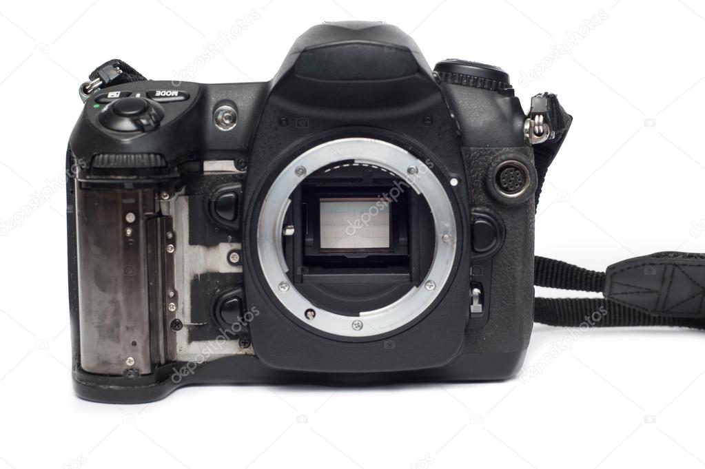 Old DSLR Camera with loose rubber. closeup mirror inside. Isolat