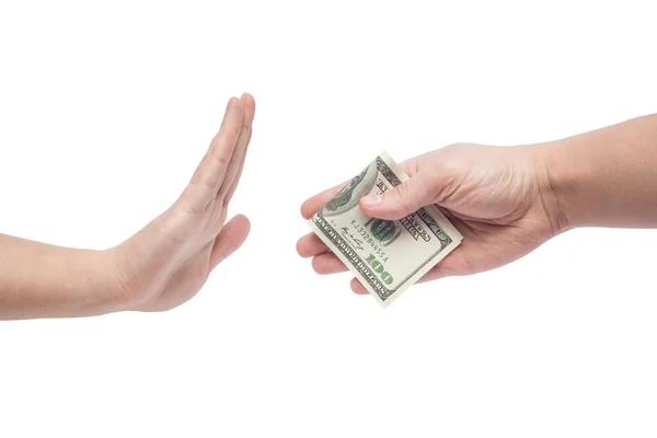 Mężczyzna odmawia pieniędzy oferowane przez mężczyzna na białym tle na białym tle — Zdjęcie stockowe