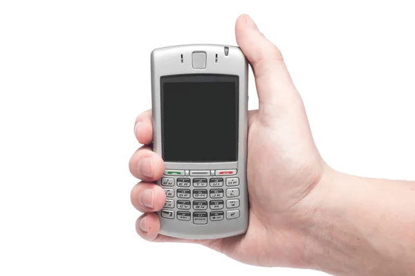 Akıllı telefon ile qwerty klavye üzerinde beyaz backg izole elinde — Stok fotoğraf
