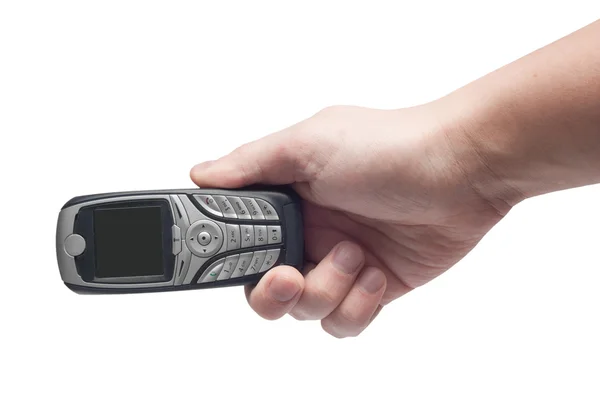 Απλό μαύρο κινητό τηλέφωνο στο χέρι που απομονώνονται σε λευκό φόντο — Φωτογραφία Αρχείου