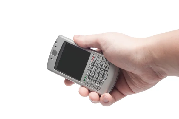 Smartphone mit Qwerty-Tastatur in der Hand isoliert auf weiß — Stockfoto