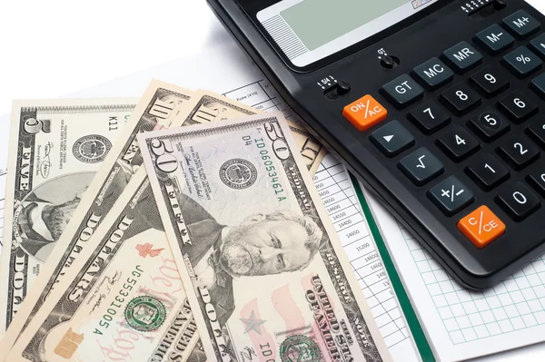 Kalkulator i pieniądze na notatnik. Obraz tła dla finansów — Zdjęcie stockowe