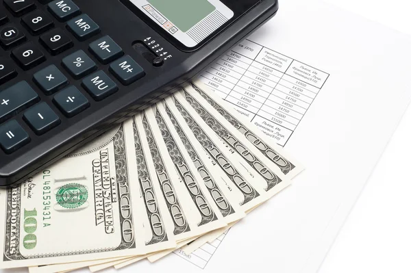 Kalkulator dan uang. Citra latar belakang untuk keuangan dan perbankan — Stok Foto