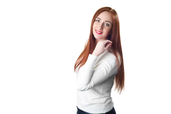 Portrait of a redhead women in white sweater isolated on white b — Stock Photo, Image