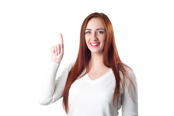 Happy redhead woman pointing up with her finger — Stock Photo, Image