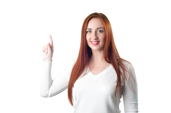 Happy redhead woman pointing up with her finger — Stock Photo, Image