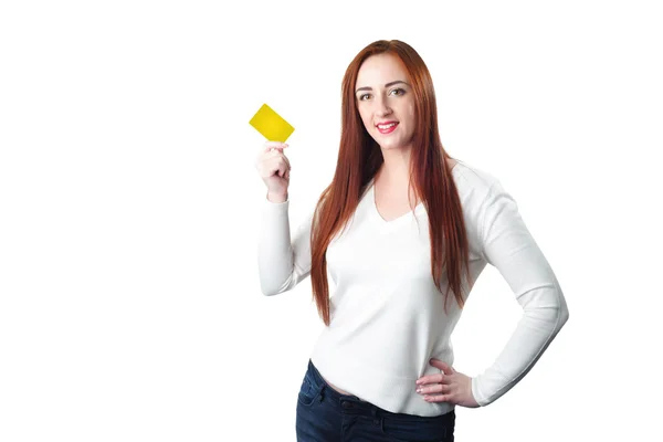 Close-up portrait of young smiling redhead woman holding gold cr — Stock Photo, Image