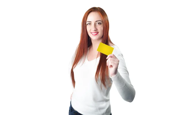 Close-up portrait of young smiling redhead woman holding gold cr — Stock Photo, Image