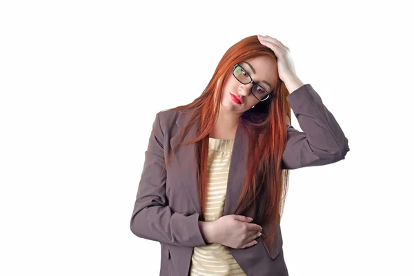 Young redhead Business woman with headache holding her hand to t — Stock Photo, Image