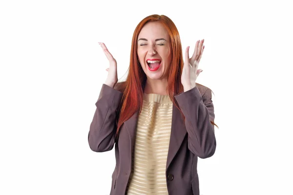 Young redhead screaming business woman — Stock Photo, Image