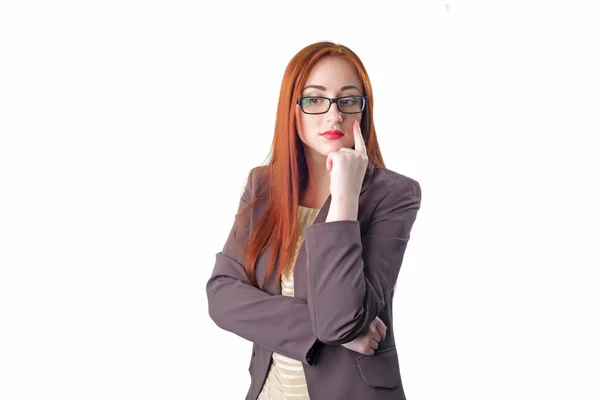 Düşünme redhead iş kadını ile gözlük — Stok fotoğraf