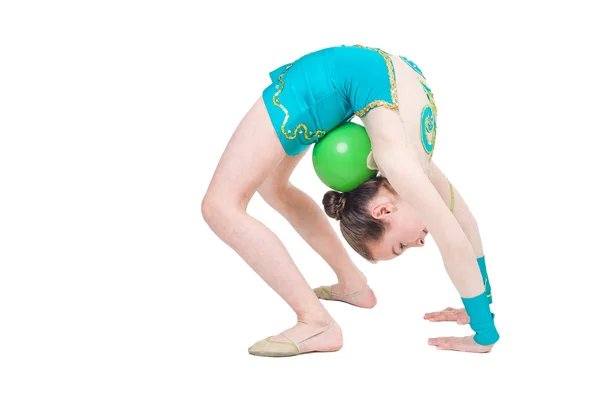 Little girl gymnast with green ball — Stock Photo, Image