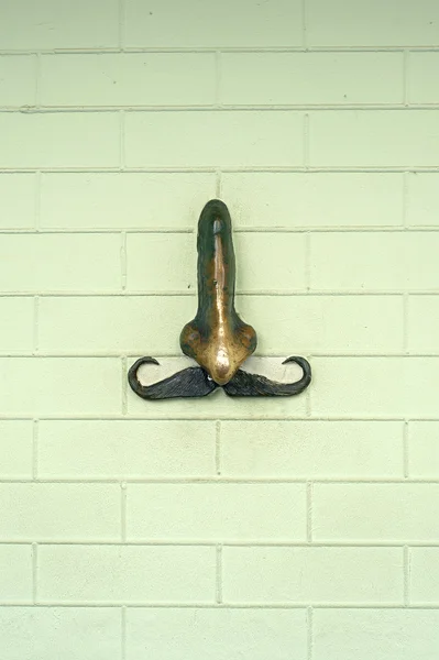 Metal nose with mustaches on green wall