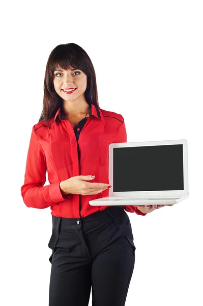 Young beautiful Caucasian business woman in red t-shirt — Stockfoto