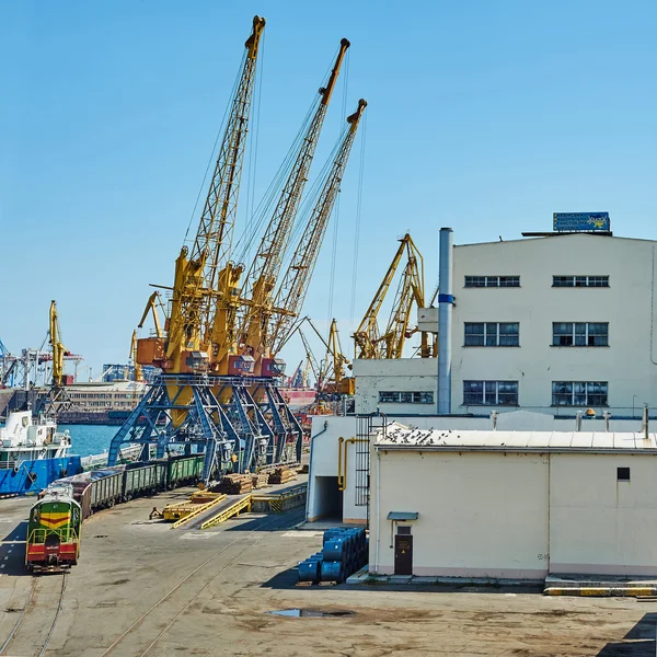 Comboios e guindastes no porto de Odessa — Fotografia de Stock