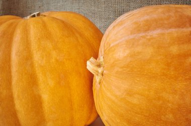Autumn pumpkins on a burlap in a rustic style