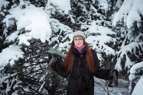 Winnter chica y abeto de nieve . — Foto de Stock