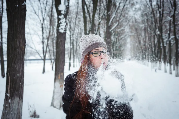 Bellezza inverno ragazza soffiando neve in gelido parco invernale — Foto Stock