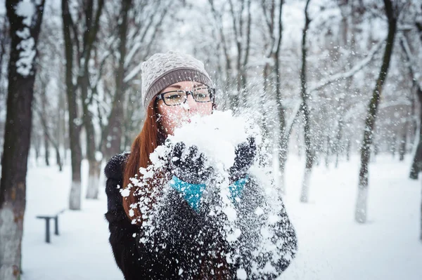 Bellezza inverno ragazza soffiando neve in gelido parco invernale — Foto Stock